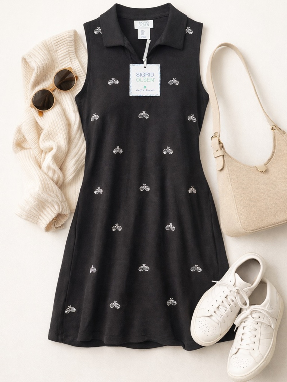Sigrid Olsen Golf Tennis Dress Black Sleeveless Collared Small